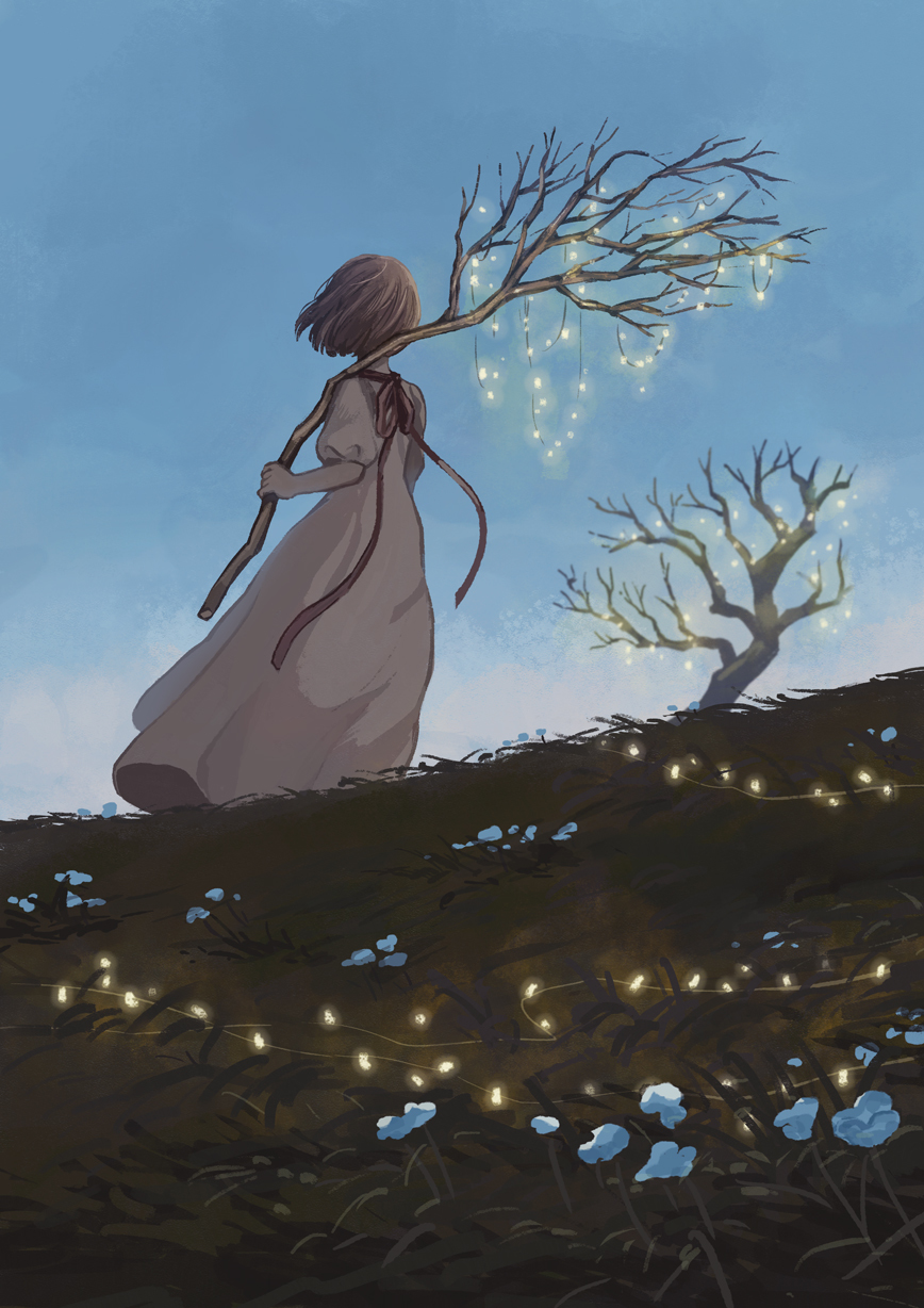 1girl, bare_tree, blue_flower, blue_sky, blurry, bob_cut, branch, brown_hair
