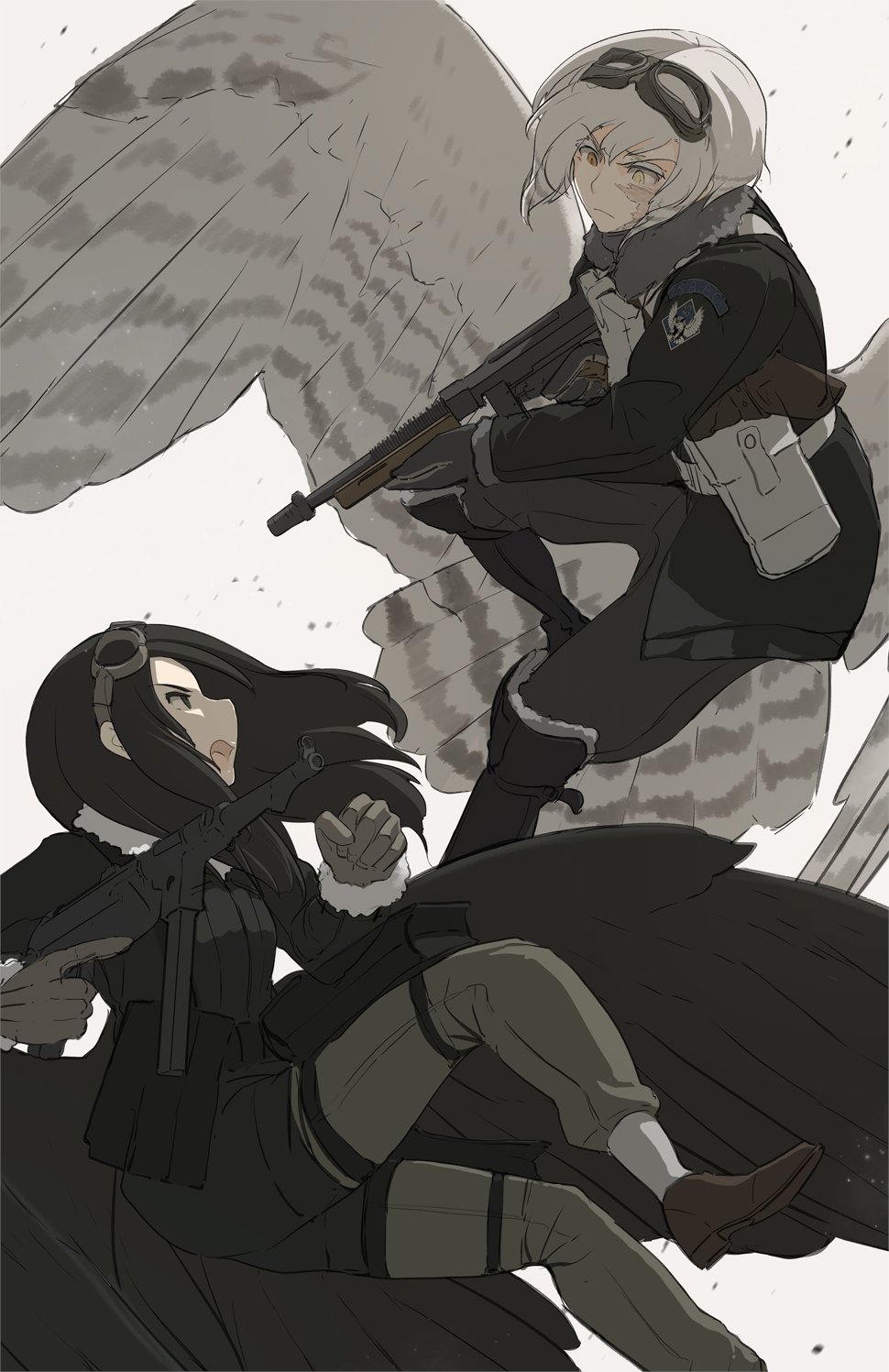 >:(, 2girls, asterisk_kome, bird_tail, bird_wings, black_eyes, black_hair, black_wings