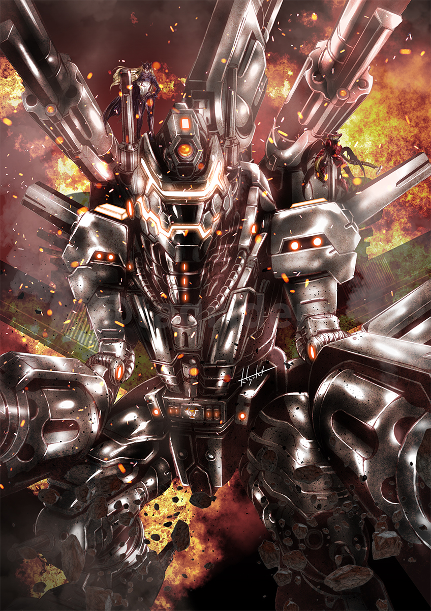 beelstarmon, blonde_hair, coat, colored_skin, commentary_request, digimon, digimon_(creature), embers, explosion, floating_hair, glowing, gundramon, hat, highres, long_hair, long_sleeves, looking_at_viewer, magnakidmon, mecha, metal, pants, signature, size_difference, solo_focus, standing, taqrider, very_long_hair, weapon, white_skin, wings