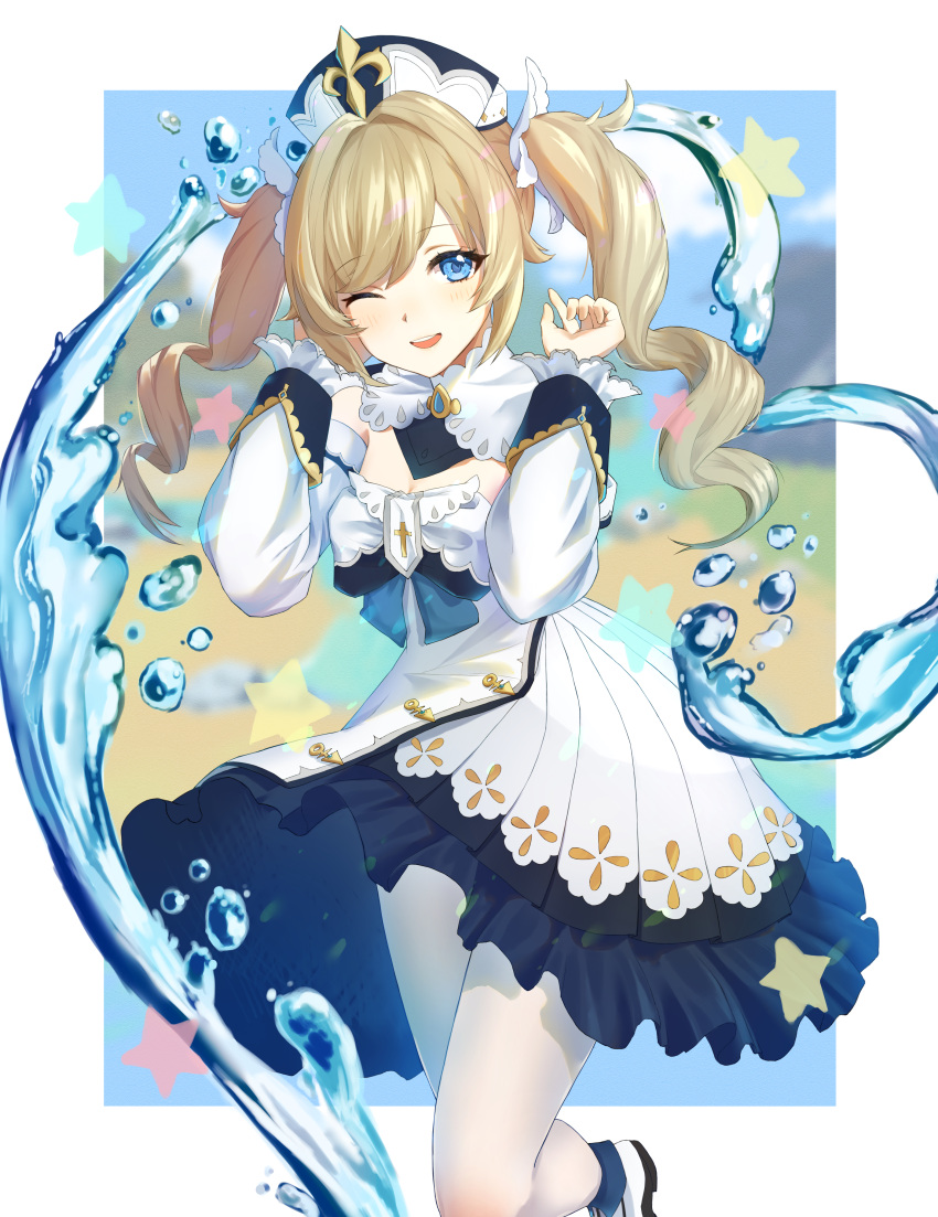 1girl, ;d, absurdres, barbara_(genshin_impact), blue_eyes, bow, bowtie, cross, dress, drill_hair, genshin_impact, highres, latin_cross, long_sleeves, looking_at_viewer, one_eye_closed, pantyhose, punipunimeron1, smile, solo, twin_drills, twintails, water, white_dress, white_legwear