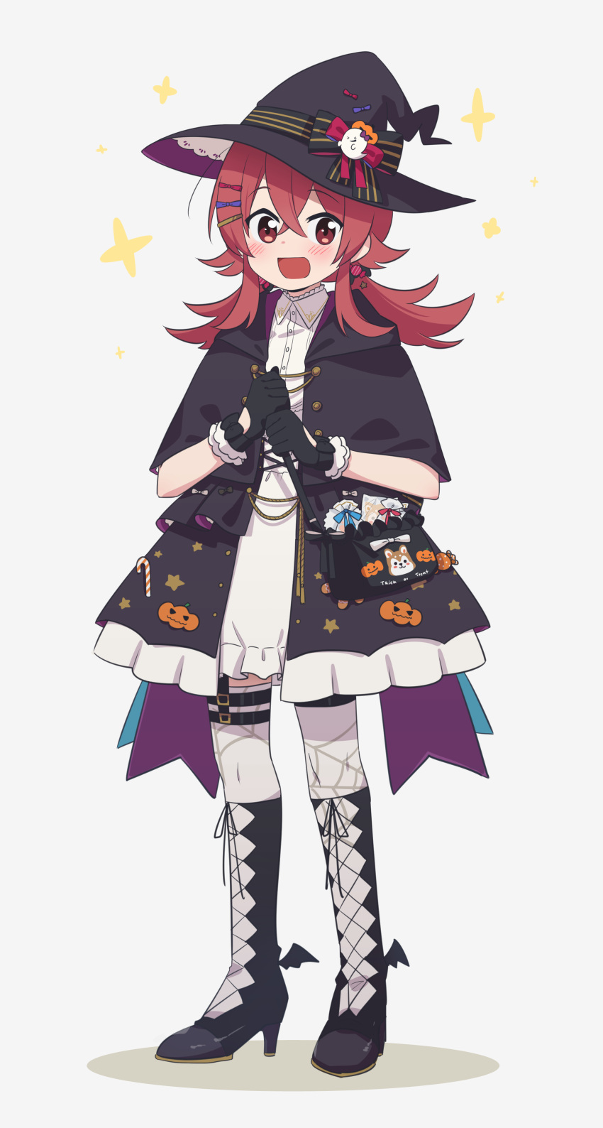 1girl, :d, absurdres, black_capelet, black_gloves, boots, capelet, full_body, gloves, hair_ornament, hairclip, halloween_costume, hat, high_heel_boots, high_heels, highres, idolmaster, idolmaster_shiny_colors, knee_boots, komiya_kaho, long_hair, looking_at_viewer, low_twintails, open_mouth, red_eyes, redhead, seal_007, smile, solo, sparkle, symbol-only_commentary, thigh-highs, twintails, white_background, witch_hat
