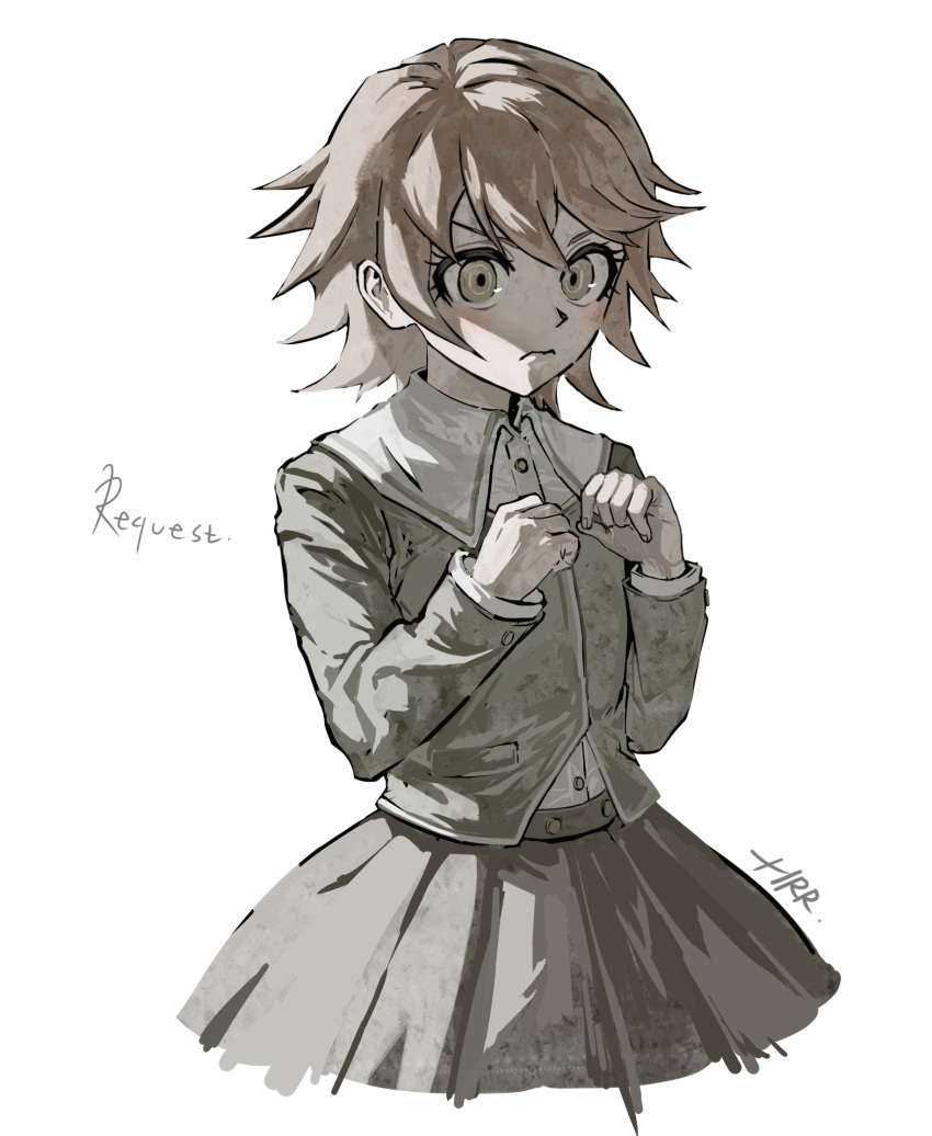 1boy, artist_name, bangs, brown_eyes, brown_hair, brown_skirt, closed_mouth, danganronpa:_trigger_happy_havoc