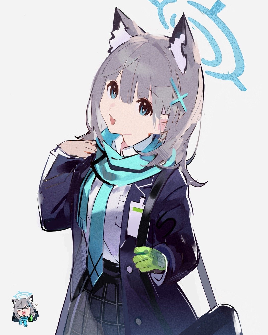 1girl, :d, animal_ears, bangs, black_coat, black_skirt, blue_archive, blue_eyes, blue_necktie, blue_scarf, blush, cat_ears, chibi, chibi_inset, coat, cowboy_shot, extra_ears, eyebrows_visible_through_hair, gloves, green_gloves, halo, highres, long_sleeves, looking_at_viewer, multiple_views, necktie, open_clothes, open_coat, open_mouth, plaid, plaid_skirt, scarf, school_uniform, shiroko_(blue_archive), shirt, short_hair, silver_hair, single_glove, skirt, smile, white_shirt, yukuso_(dabiandang)