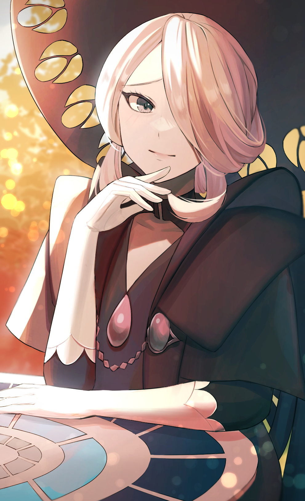 1girl, black_choker, blonde_hair, choker, closed_mouth, cogita_(pokemon), commentary_request, day, dolce_(dolsuke), dress, eyelashes, gloves, grey_eyes, hair_over_one_eye, hand_up, hat, highres, medium_hair, outdoors, pokemon, pokemon_(game), pokemon_legends:_arceus, smile, solo, table, white_gloves