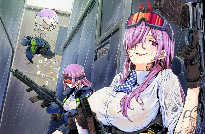2girls, ascot, assault_rifle, black_gloves, blue_jacket, breasts, card, checkered_ascot