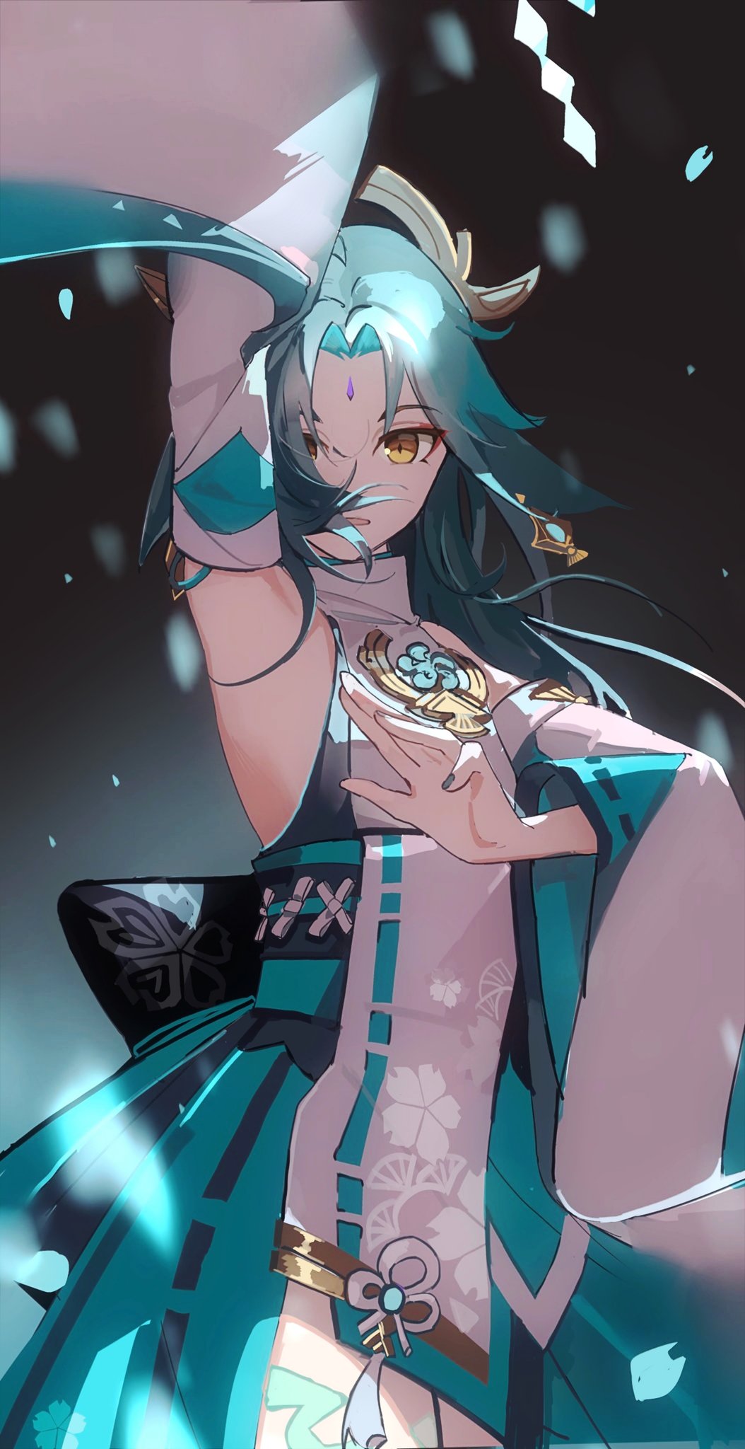 animal_ears, aqua_bow, aqua_hakama, aqua_sash, arm_up, bangs, black_background, bow