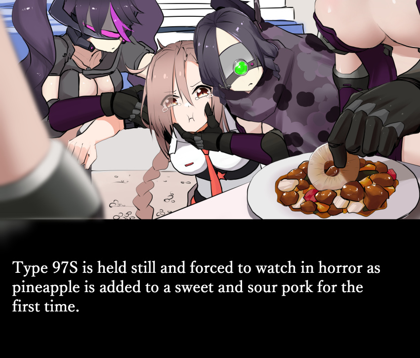 5girls, absurdres, braid, brown_eyes, brown_hair, english_text, food, girls_frontline