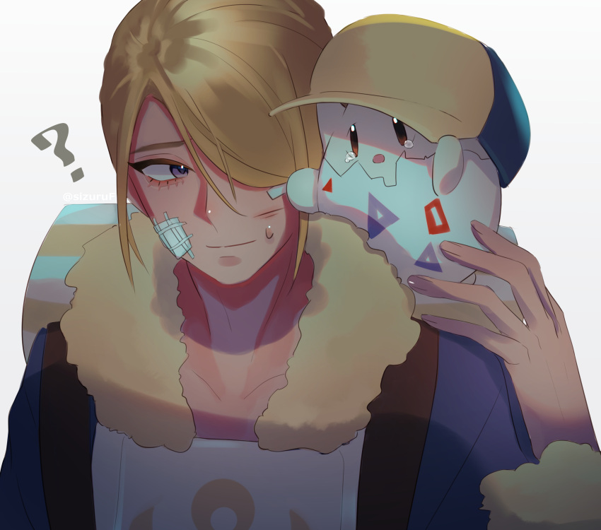 1boy, ?, absurdres, bandaid, bandaid_on_face, blonde_hair, blue_jumpsuit, closed_mouth