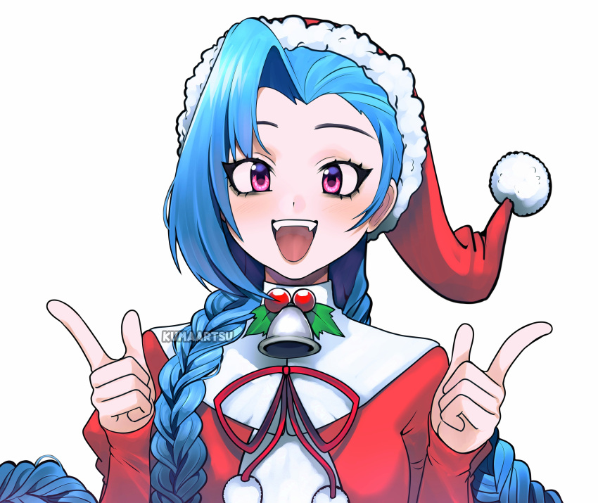 1girl, absurdres, blue_hair, blush, braid, eyebrows, fangs, hat