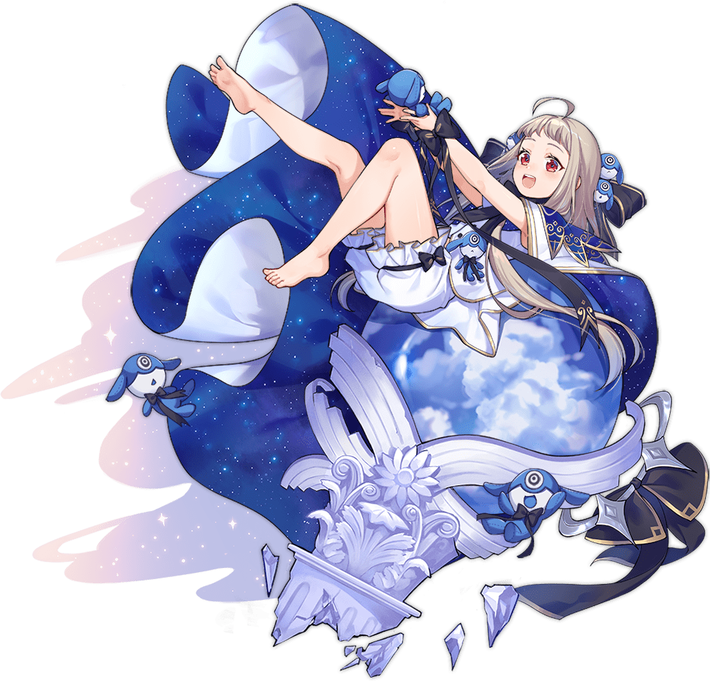 1girl, ahoge, ark_order, bare_legs, barefoot, black_bow, bloomers, bow, cape, epimetheus_(ark_order), feet, gold_trim, hair_bow, lan_ren_hui, long_hair, official_art, planet, platinum_blonde_hair, red_eyes, short_bangs, solo, star_(symbol), starry_sky_print, stuffed_animal, stuffed_toy, tachi-e, transparent_background, underwear, very_long_hair, white_bloomers, wrist_bow