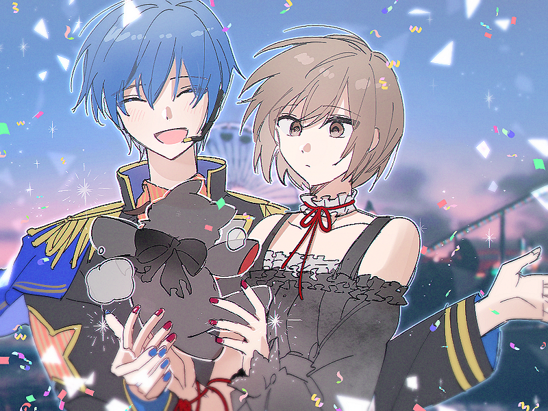 1boy, 1girl, ^_^, ^o^, bare_shoulders, blue_hair, brown_eyes, brown_hair, closed_eyes, epaulettes, frills, jw9484, kaito, kaito_(vocaloid), long_sleeves, meiko, project_sekai, ribbon, short_hair, sleeveless, stuffed_toy, vocaloid