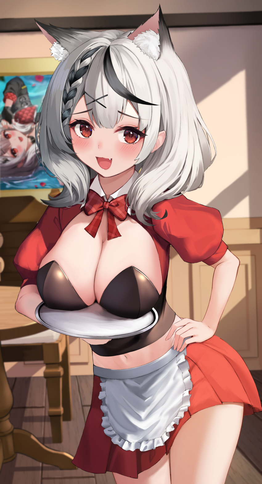 :d, absurdres, animal_ears, apron, bow, bowtie, breasts, breasts_on_tray