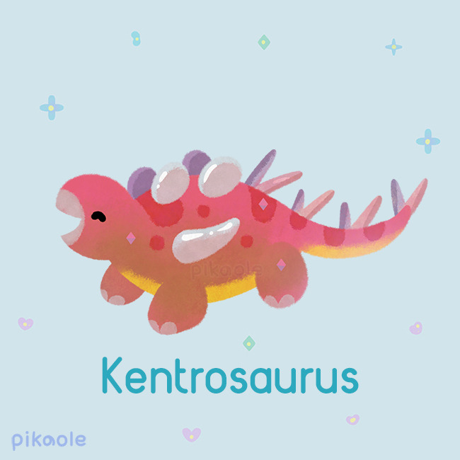 animal, animal_focus, artist_name, black_eyes, blue_background, closed_eyes, commentary, dinosaur, english_commentary, from_side, full_body, heart, kentrosaurus, no_humans, open_mouth, original, pikaole, simple_background, smile, solid_circle_eyes, spiked_tail, spikes, standing, tail, watermark