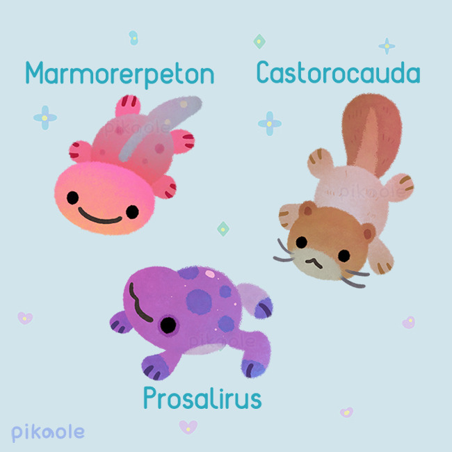animal, animal_focus, artist_name, black_eyes, blue_background, castorocauda, closed_mouth, commentary, english_commentary, frog, heart, marmorerpeton, no_humans, original, pikaole, prosalirus, salamander, simple_background, smile, solid_circle_eyes, watermark