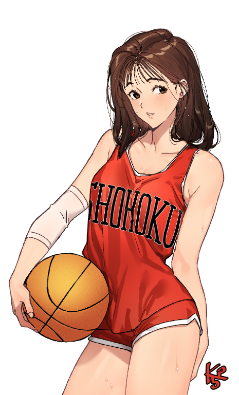 1girl, akagi_haruko, arm_behind_back, arm_warmers, armpit_crease, artist_logo, ball, basketball