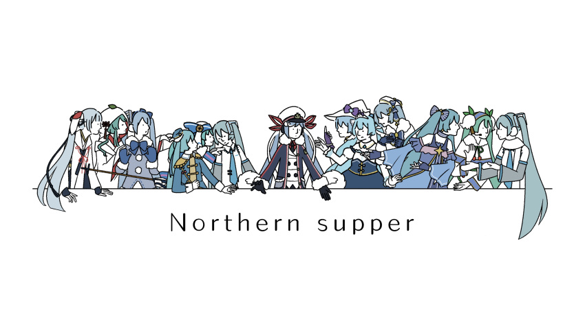 ._., 6+girls, absurdres, aiguillette, annotated, aqua_hair, band_uniform, bare_shoulders
