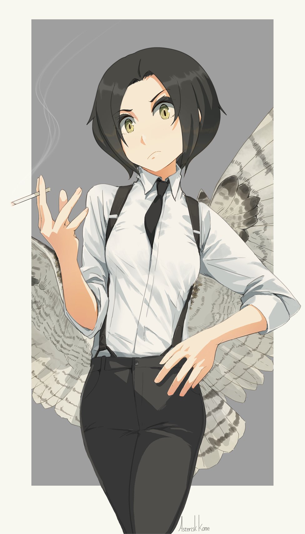 1girl, amelia_shaw, asterisk_kome, bird_tail, bird_wings, black_hair, black_necktie, black_pants
