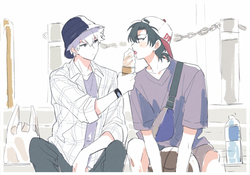 2boys, backwards_hat, bag, ball, baseball_cap, basketball, black_hair, black_headwear