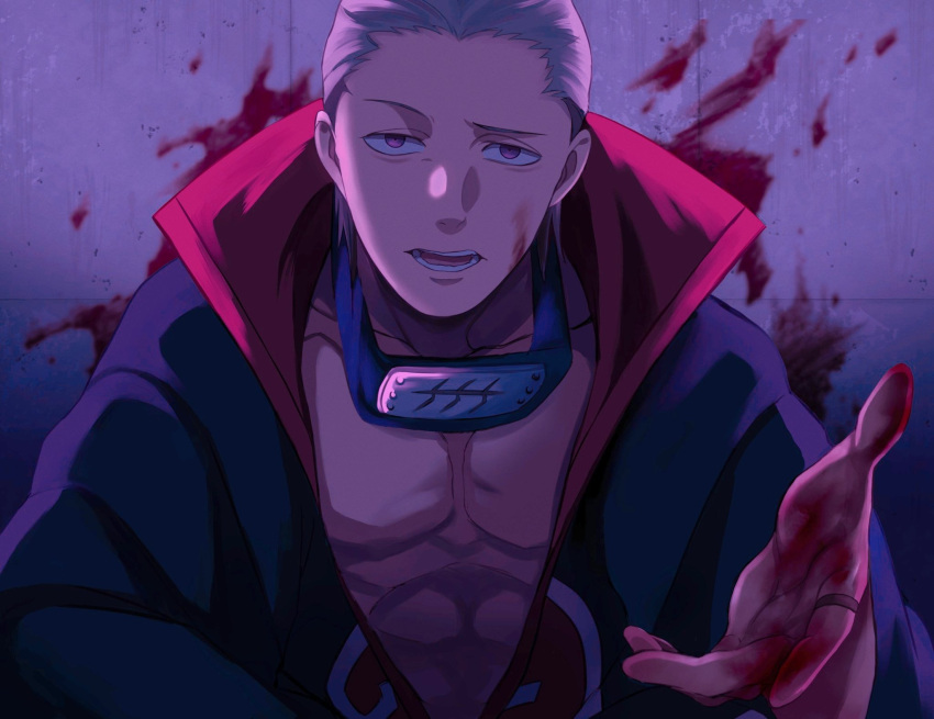 1boy, akatsuki_(naruto), akatsuki_uniform, blood, blood_on_face, blood_on_hands, blood_splatter, forehead_protector, hair_slicked_back, hand_up, hidan_(naruto), highres, male_focus, naruto_(series), naruto_shippuuden, solo, takahasikari1, violet_eyes, white_hair