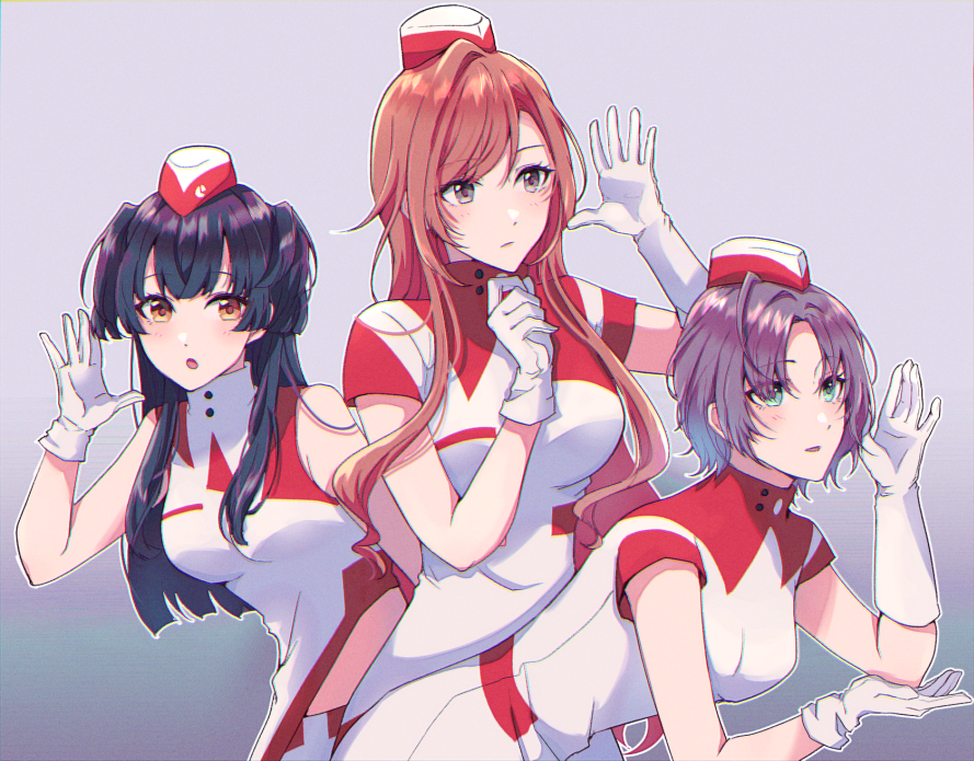 3girls, ahoge, aqua_eyes, arisugawa_natsuha, artist_request, asakura_tooru, asymmetrical_gloves, black_eyes