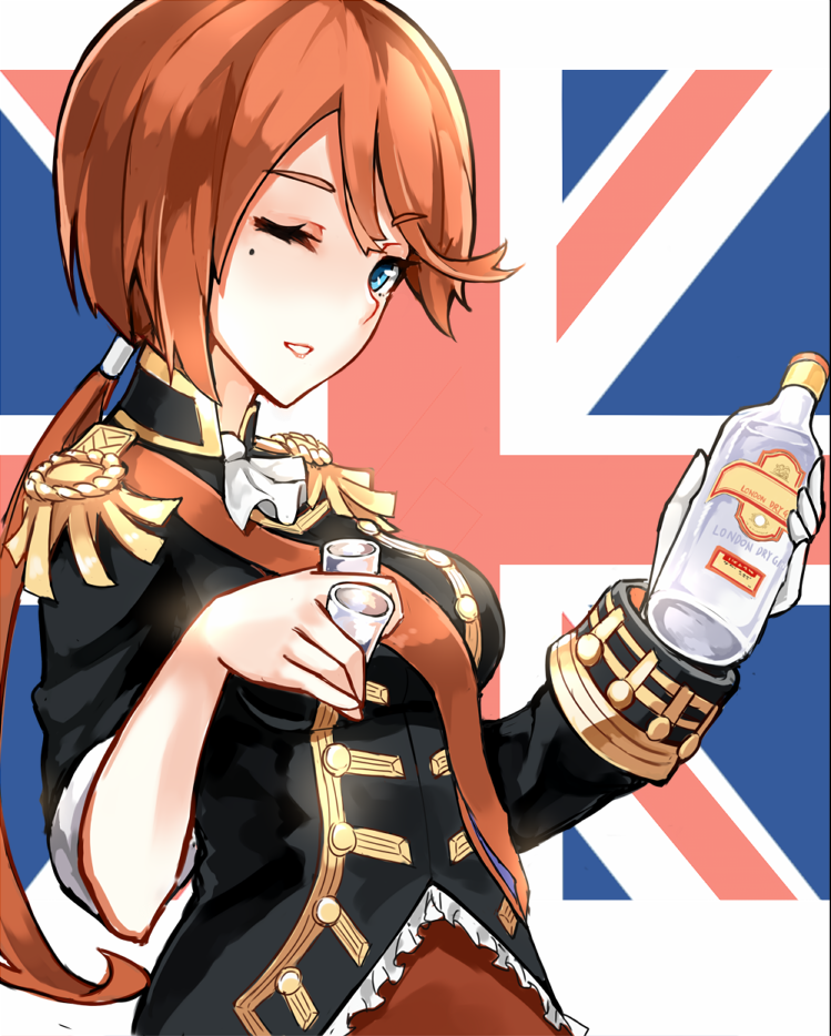 15k, 1girl, alcohol, black_jacket, blue_eyes, bottle, buttons, cup