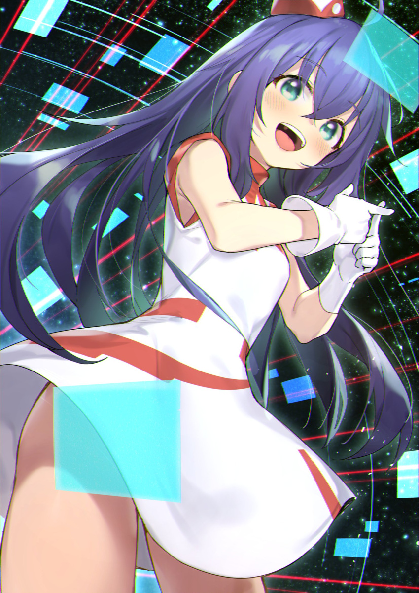 1girl, commentary, dress, dutch_angle, gloves, hat, highres, idolmaster, idolmaster_million_live!, long_hair, looking_at_viewer, mochizuki_anna, open_mouth, purple_hair, shennai_misha, sleeveless, sleeveless_dress, solo, thighs, voy@ger_(idolmaster), white_gloves, x_fingers