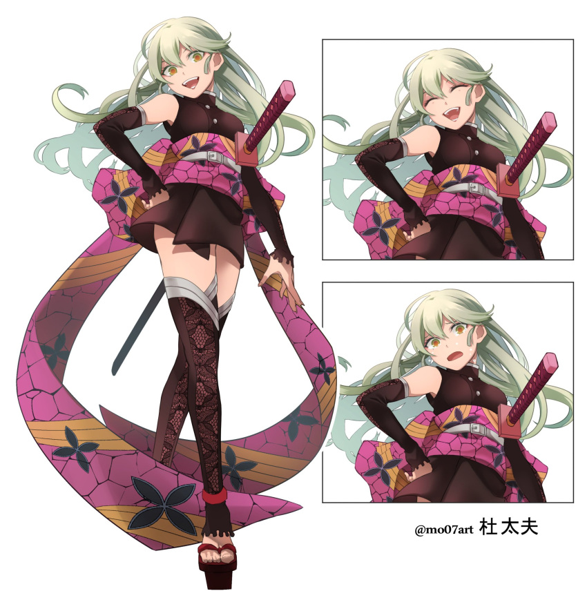 :d, ^_^, adapted_costume, alternate_universe, arm_at_side, bangs, bare_shoulders, belt