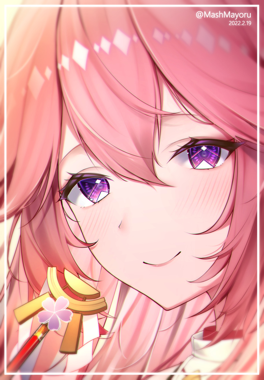 1girl, bangs, border, close-up, closed_mouth, dated, earrings, genshin_impact