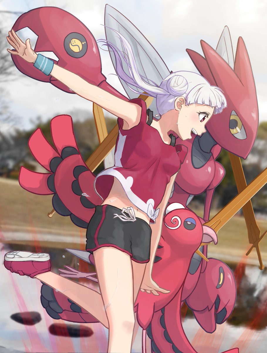 1girl, arashi_chisato, black_shorts, blush, breasts, brown_eyes, commentary_request, crossover