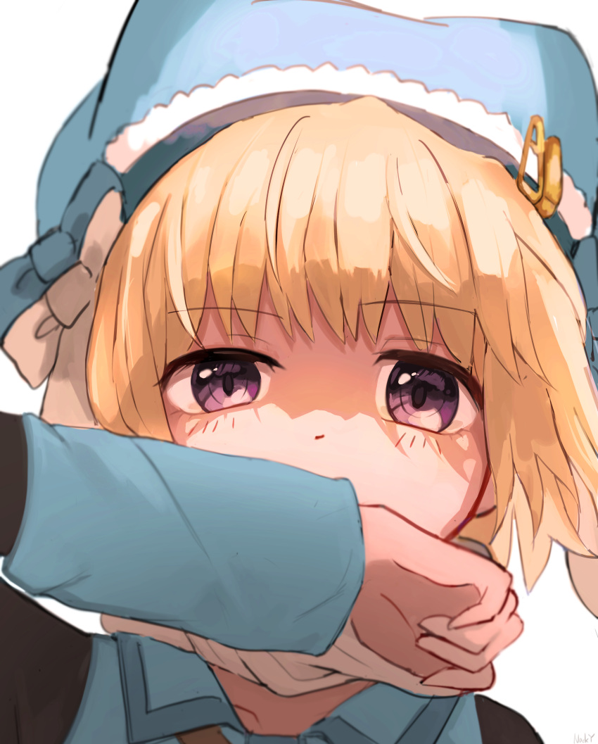 1girl, absurdres, blonde_hair, hand_on_own_face, hand_up, hat, highres, looking_at_viewer