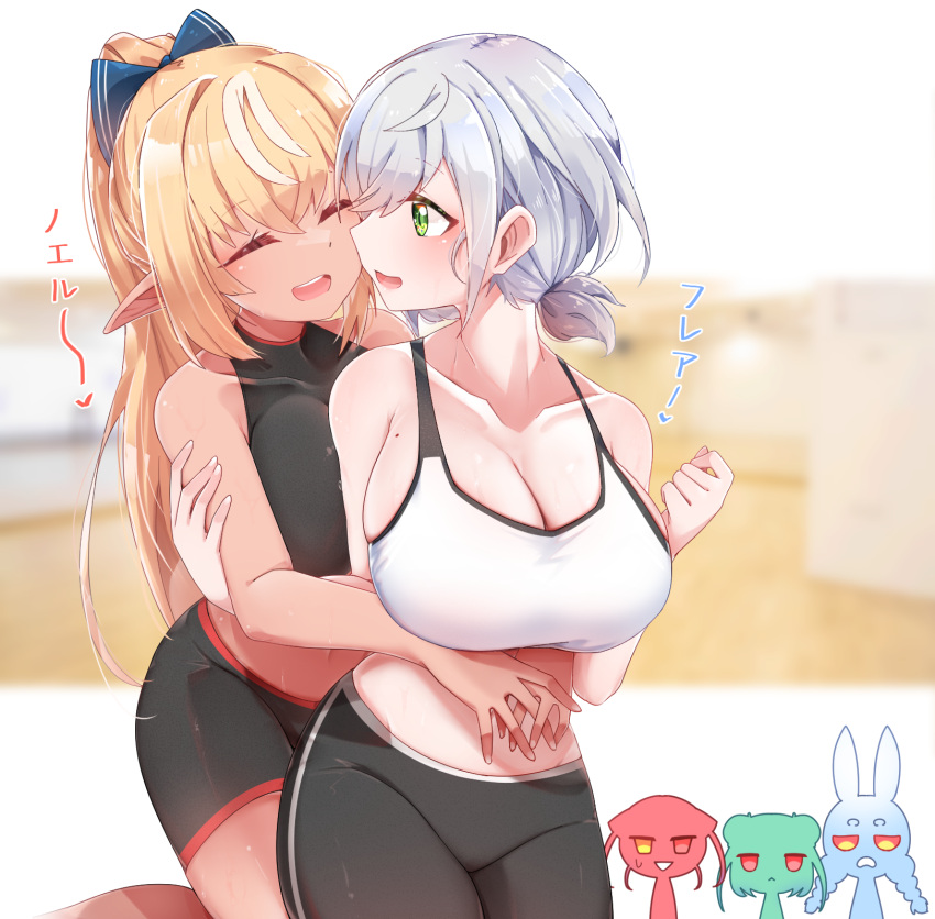 5girls, bangs, black_shorts, blonde_hair, blue_bow, bow, bra, breasts