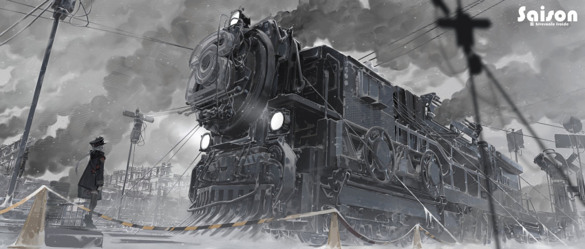 1girl, black_coat, black_headwear, blurry, blurry_foreground, boots, cable, clouds, cloudy_sky, coat, commentary_request, french_text, from_behind, from_side, green_hair, hat, high_heel_boots, high_heels, highres, light, locomotive, long_hair, long_sleeves, machinery, original, perspective, ponytail, railroad_tracks, scenery, size_difference, sky, smoke, snow, snowing, solo, standing, steam, steam_locomotive, thigh-highs, traffic_cone, translated, utility_pole, wheel, zebai7339, zettai_ryouiki