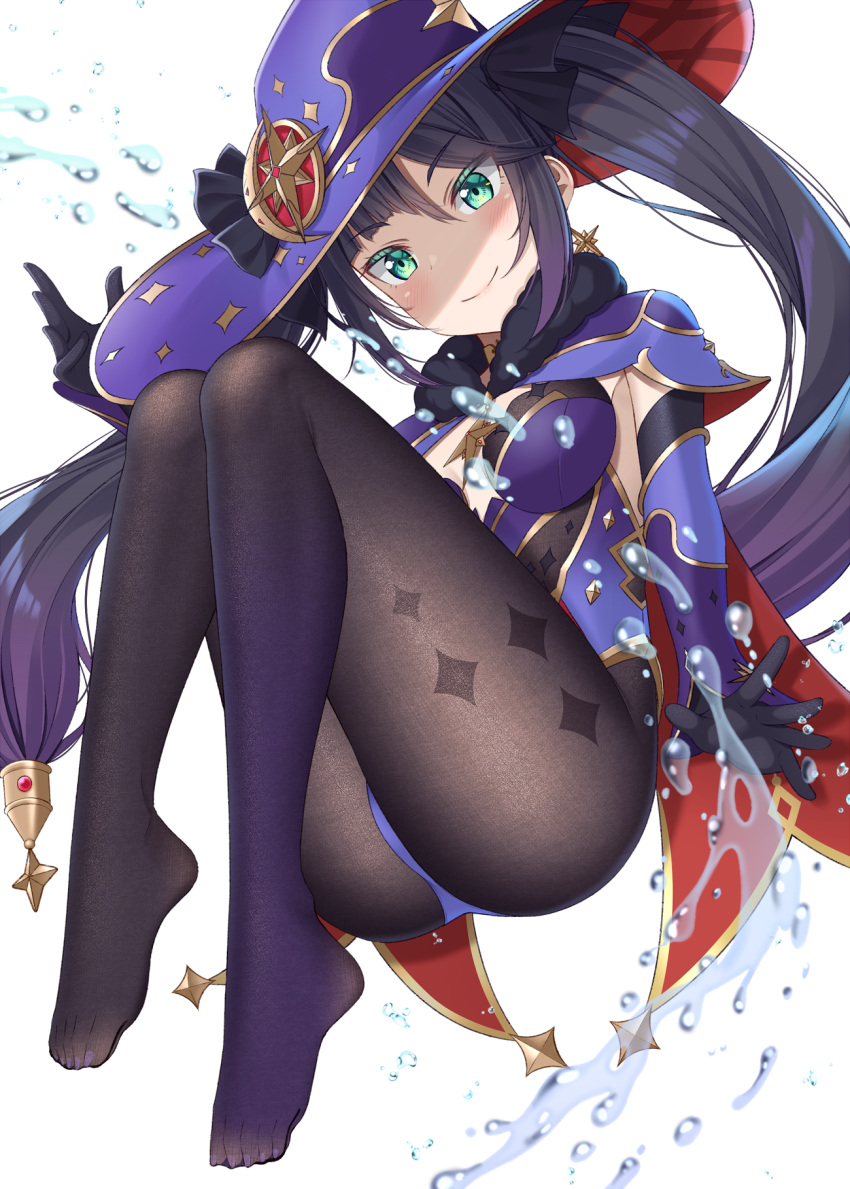 1girl, bangs, black_bow, black_gloves, black_hair, black_legwear, blue_capelet, blue_headwear