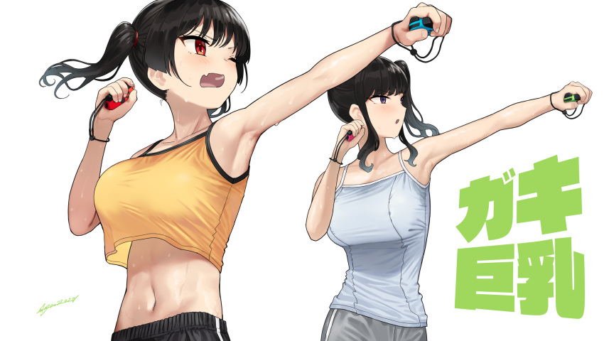 2girls, armpits, black_hair, blue_camisole, breasts, camisole, commentary_request, dated