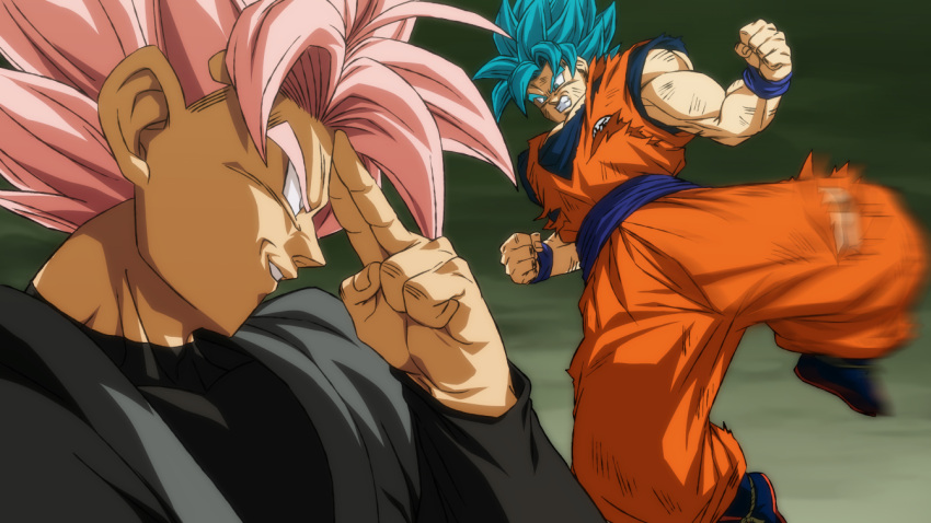 2boys, angry, battle, battle_damage, blue_eyes, blue_hair, dougi, dragon_ball