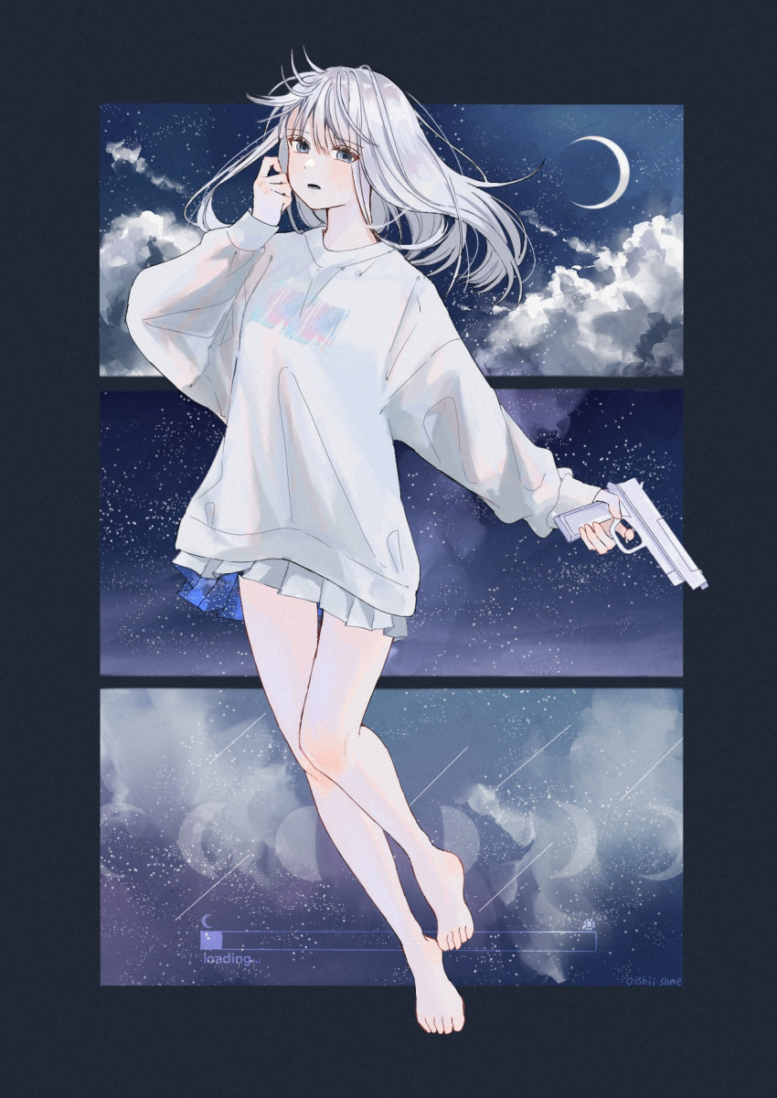 1girl, barefoot, black_border, black_eyes, blue_skirt, blue_theme, border, clouds
