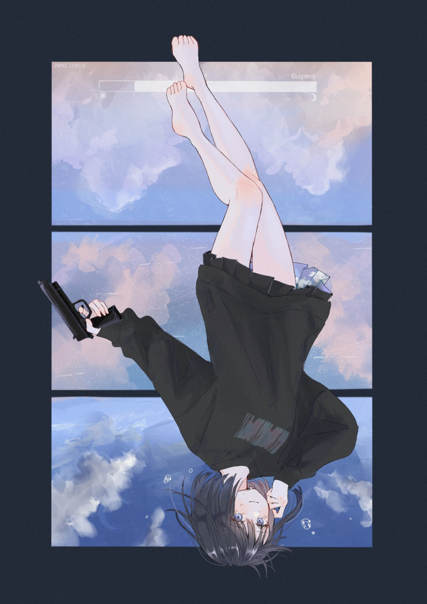 1girl, air_bubble, barefoot, black_border, black_hair, black_shirt, black_skirt, blue_eyes
