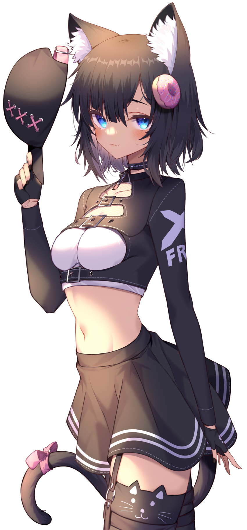 1girl, :3, absurdres, animal_ear_fluff, animal_ear_legwear, animal_ears, bangs, black_hair, black_legwear, blue_eyes, blush, breasts, cat_ear_legwear, cat_ears, cat_tail, choker, commission, doughnut_hair_ornament, eyebrows_visible_through_hair, fingerless_gloves, food-themed_hair_ornament, garter_straps, gloves, hair_between_eyes, hair_ornament, hat, hat_removed, headwear_removed, highres, jun_(aousa0328), looking_at_viewer, medium_breasts, midriff, navel, original, short_hair, skeb_commission, skirt, solo, tail, thigh-highs, white_background