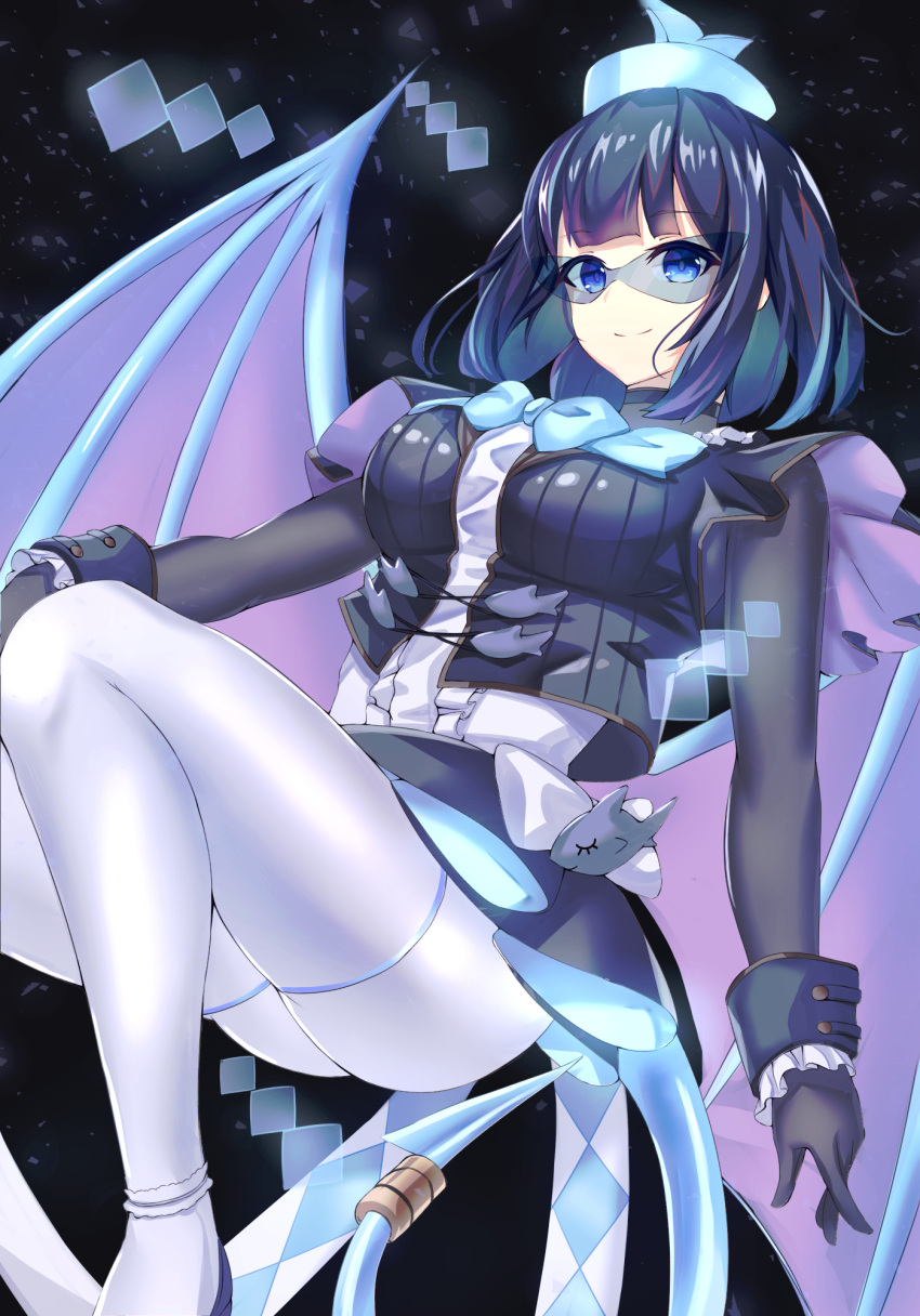 1girl, beret, black_dress, blue_eyes, blue_hair, bob_cut, bow, breasts