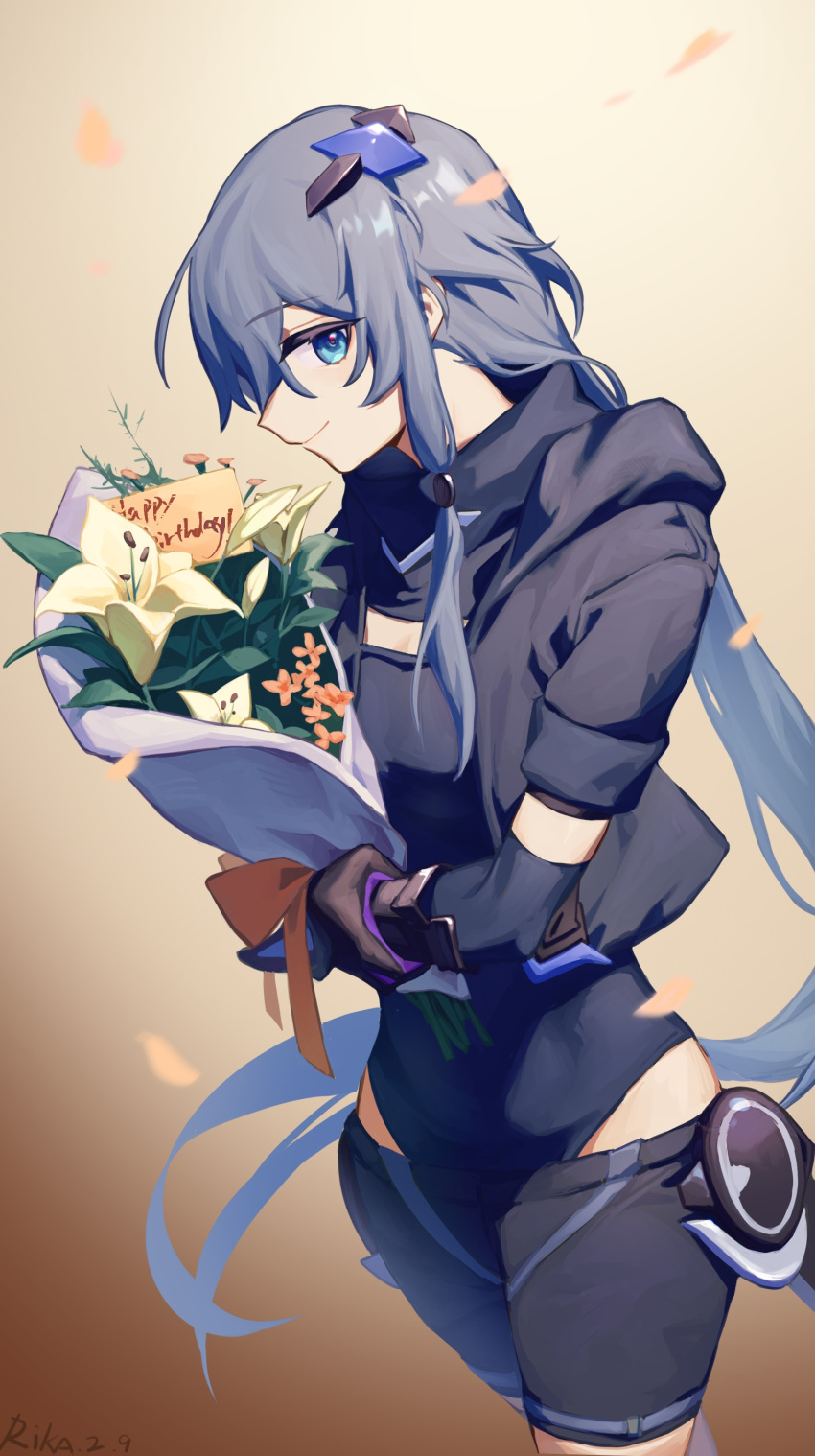 1girl, absurdres, bandages, black_bodysuit, black_gloves, black_hair, blue_eyes, bodysuit, bouquet, closed_mouth, elbow_gloves, flower, fu_hua, fu_hua_(shadow_knight), gloves, gskrika, happy_birthday, highres, holding, holding_bouquet, honkai_(series), honkai_impact_3rd, long_hair, looking_at_viewer, petals, ponytail, smile, solo, white_flower