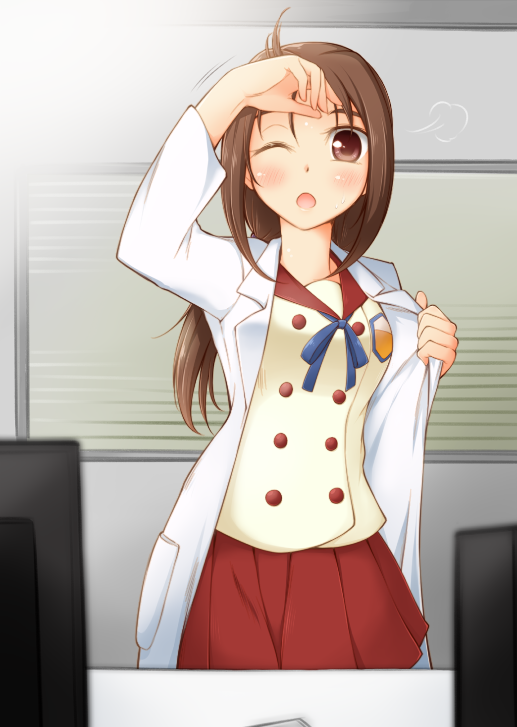 1girl, ;o, arakawa_tarou, brown_eyes, brown_hair, buttons, cowboy_shot, emblem