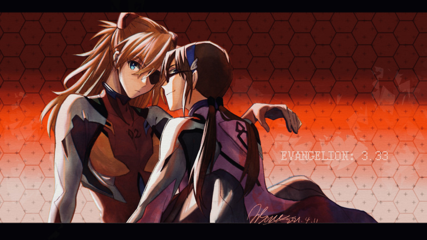 2girls, arm_support, ass, blue_eyes, brown_hair, copyright_name, expressionless, eyepatch, glasses, hair_between_eyes, highres, interface_headset, letterboxed, long_hair, looking_at_viewer, makinami_mari_illustrious, mire_f05, multiple_girls, neon_genesis_evangelion, orange_hair, plugsuit, rebuild_of_evangelion, smirk, souryuu_asuka_langley, twintails