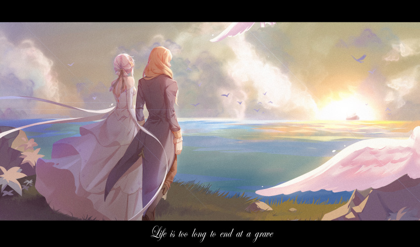 1boy, 1girl, absurdres, back, bird, black_coat, blonde_hair, clouds