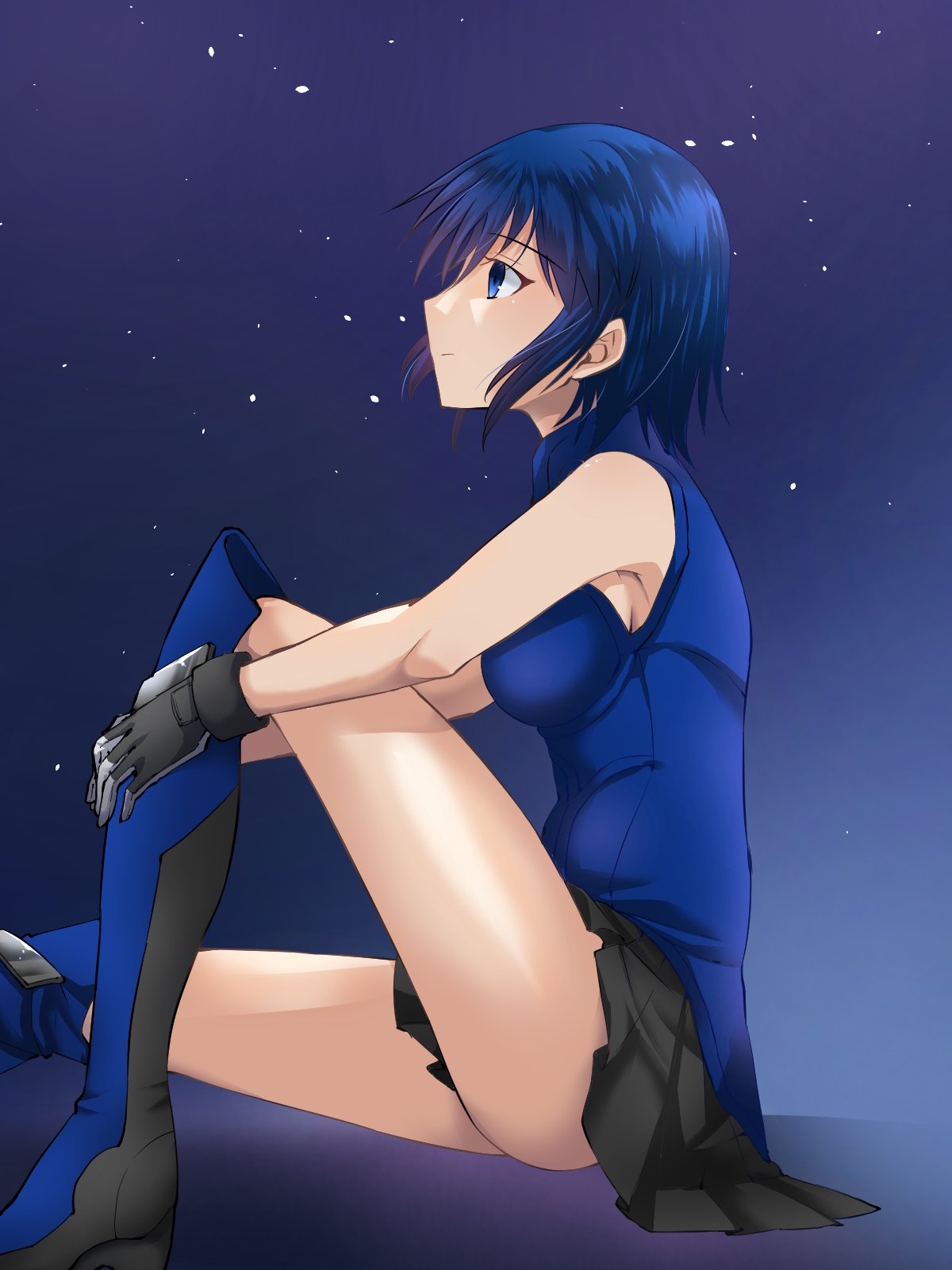 1girl, bangs, bare_shoulders, black_gloves, black_skirt, blue_dress, blue_eyes, blue_footwear