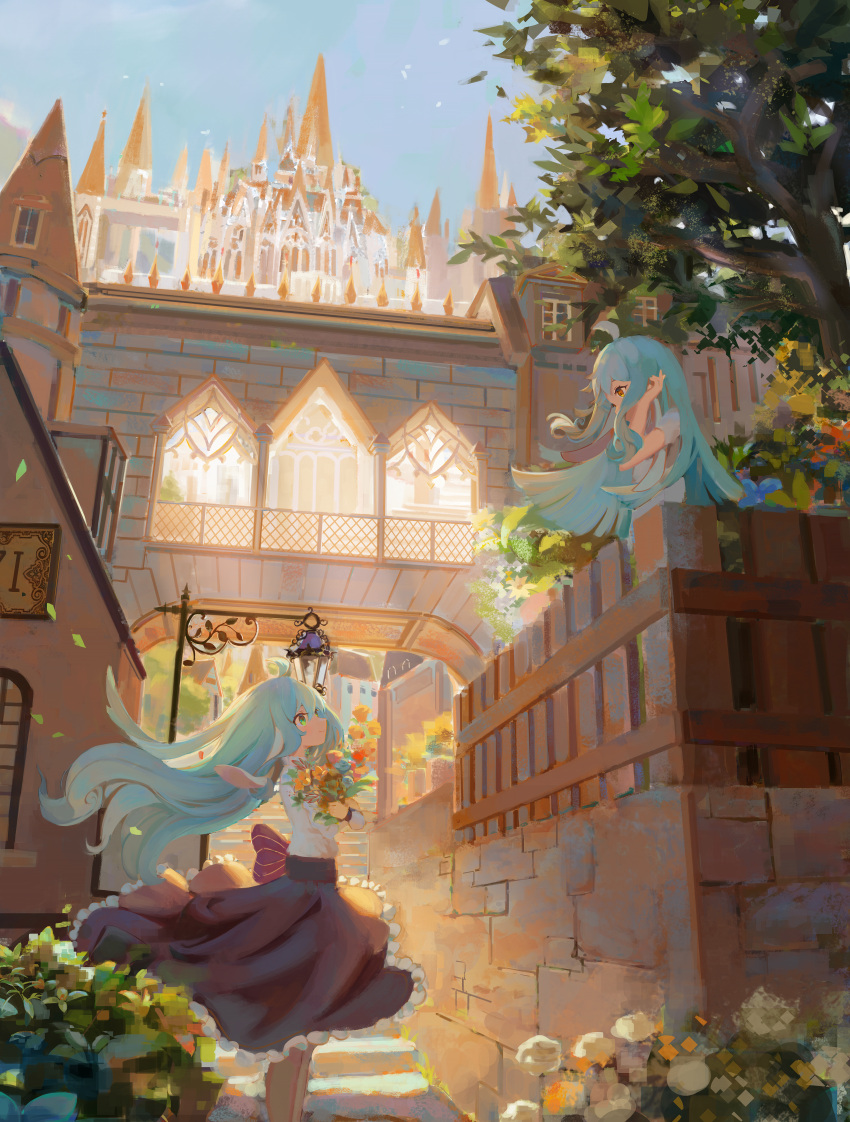 2girls, absurdres, castle, fantasy, flower, green_hair, highres, holding, holding_flower, long_hair, looking_at_another, mu_liu_zi, multiple_girls, original, outdoors, red_skirt, scenery, shirt, skirt, tagme, tree, white_shirt