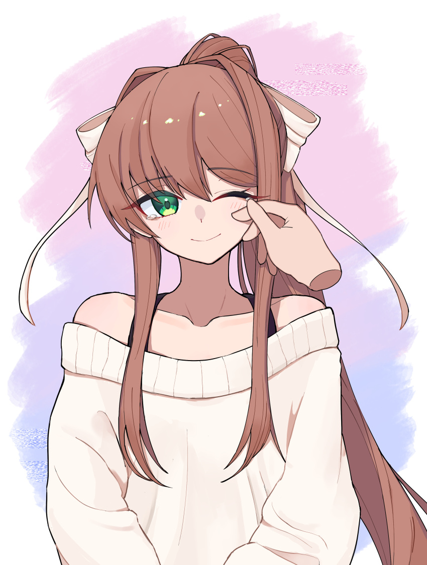 1girl, absurdres, brown_hair, disembodied_limb, doki_doki_literature_club, green_eyes, hand_on_another's_face, hattori_(omegamega1001), highres, long_hair, monika_(doki_doki_literature_club), one_eye_closed, ponytail, smile, sweater, white_sweater