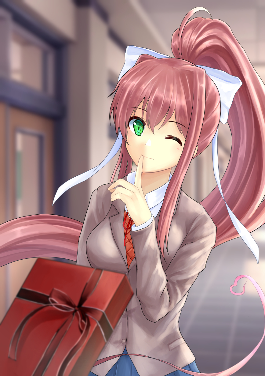 1girl, bow, brown_hair, doki_doki_literature_club, el_(el406), gift, green_eyes, hair_bow