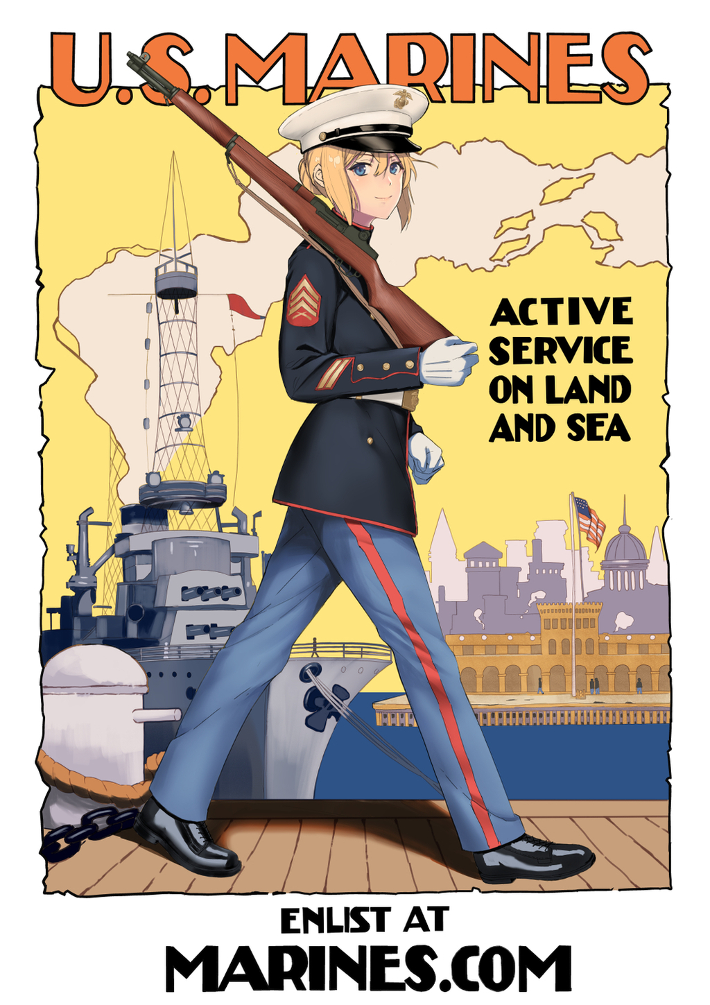 1girl, alternate_costume, battleship, black_footwear, blonde_hair, blue_eyes, blue_pants, commission
