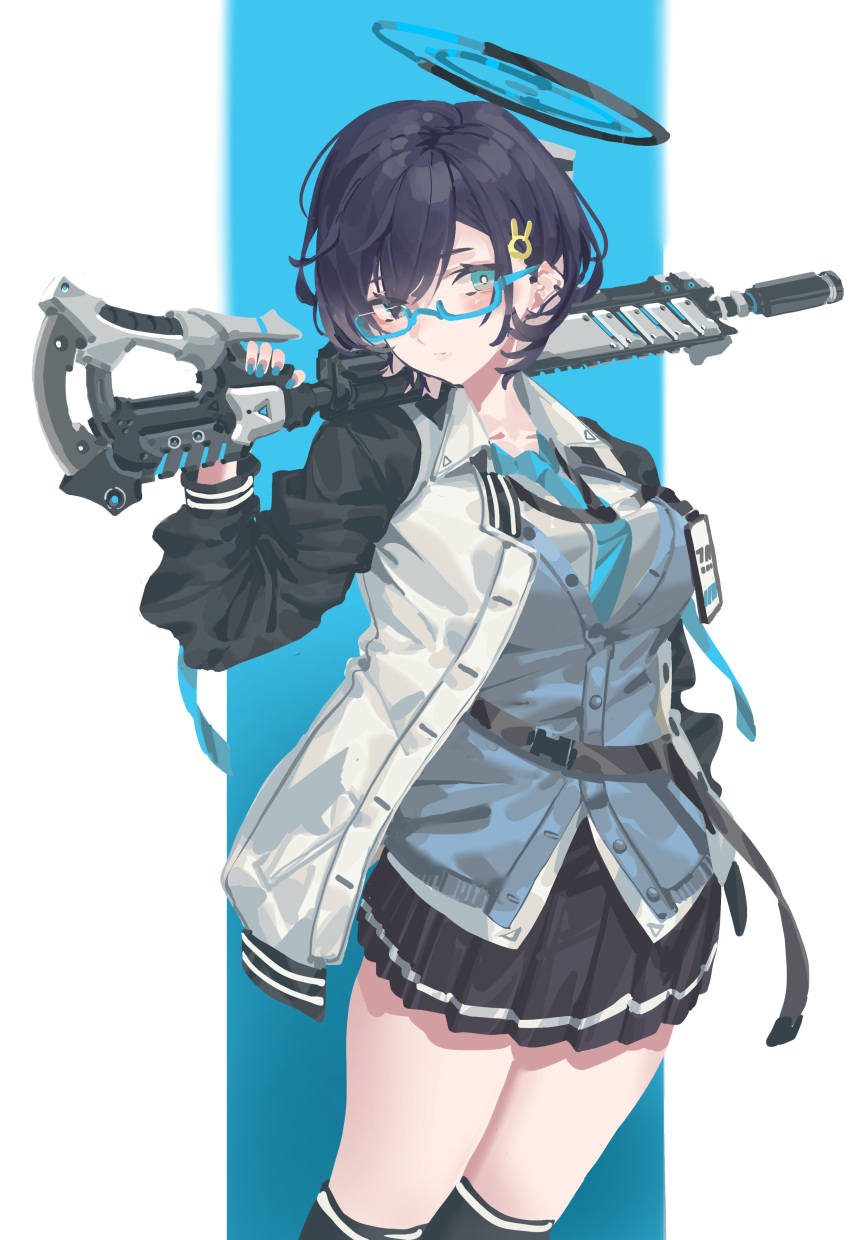 1girl, absurdres, aqua_eyes, aqua_necktie, bangs, black_hair, black_legwear, black_skirt