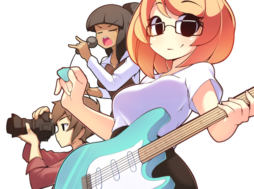 1boy, 2girls, bangs, blunt_bangs, blush, brown_hair, camera, closed_eyes